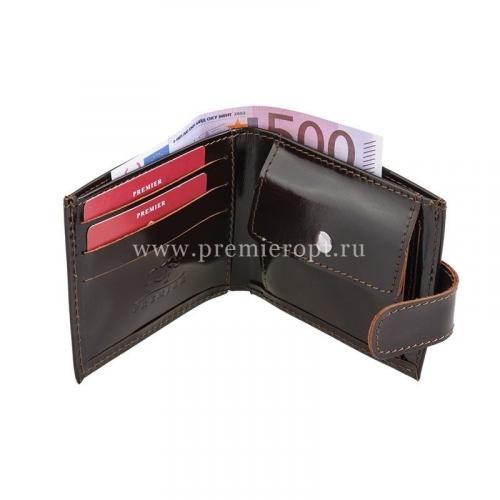 Портмоне мужское на кнопке темно коричневое Премьер, фото 1